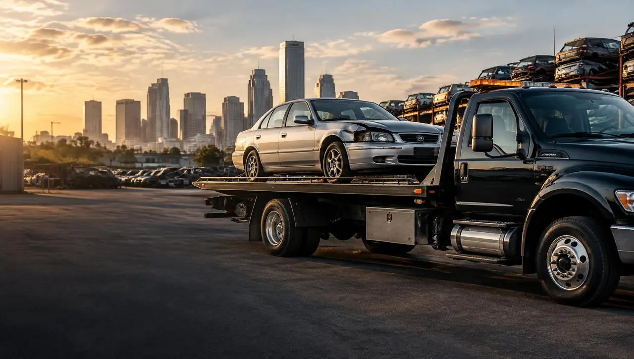 Illustrative image of a tow truck with a used car in front of a vehicle yard